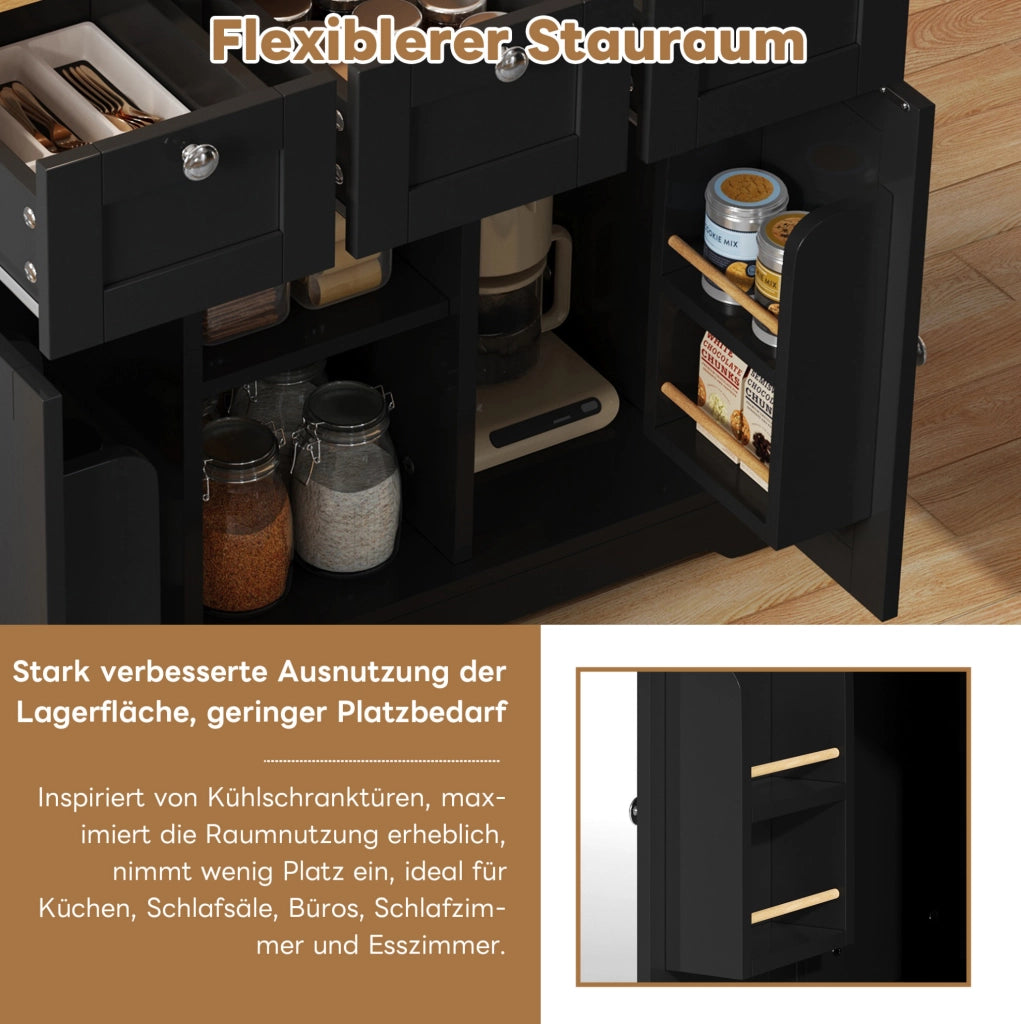 ISOLA DA CUCINA 132x40(70)x87 cm MDF Naturale e Nero con ruote e presa USB