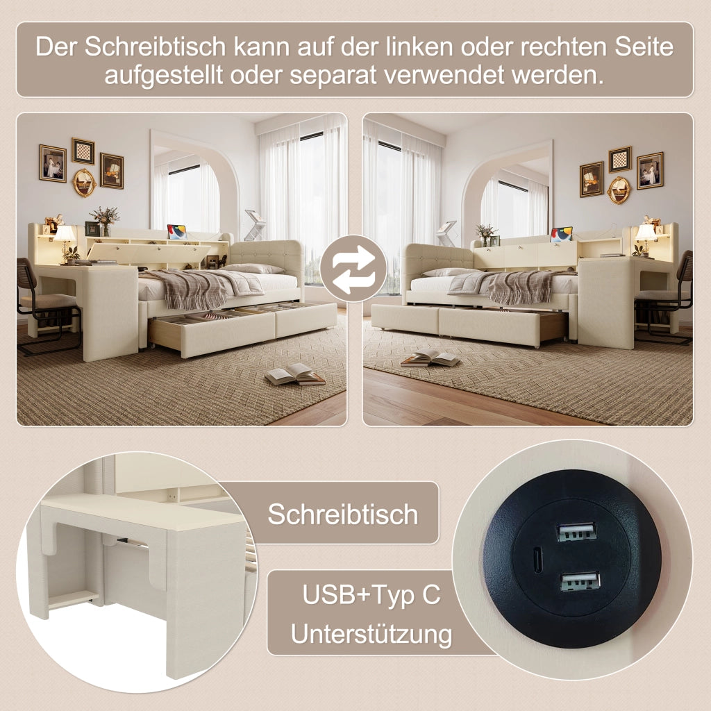 Letto singolo 90 × 200 cm con scrivania cassetti USB e Type-C in tessuto di canapa e MDF beige