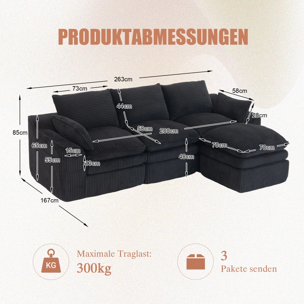 Divano 3 Posti con Poggiapiedi e Cuscini in Tessuto ¨C MINIMAL ¨C Nero