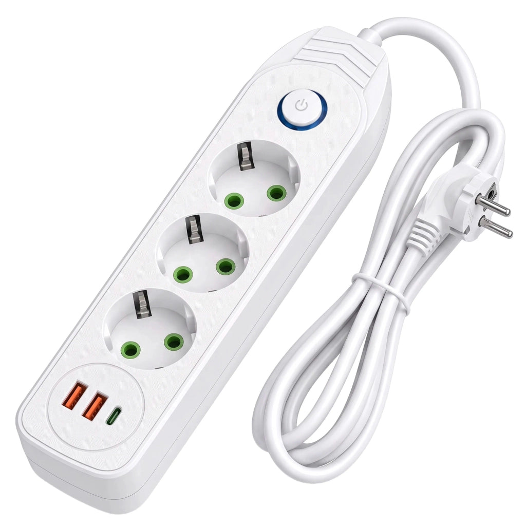 Multipresa Con Prolunga, 3 Prese + 2 Porte Usb-a + Usb-c Jnh024-3b White