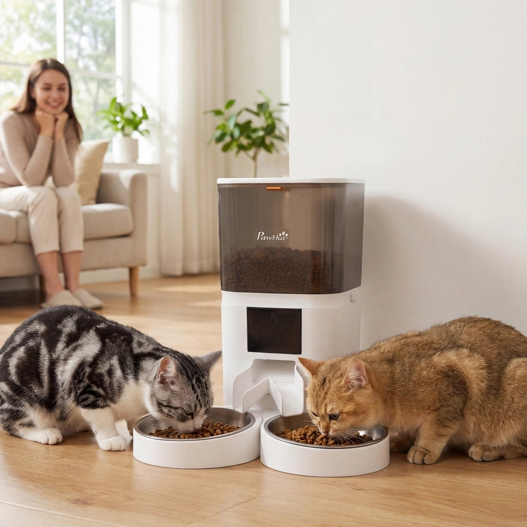 Dispenser Cibo Automatico per Gatti ¨C zephmum ¨C Bianco ABS Inox 37x36x35cm