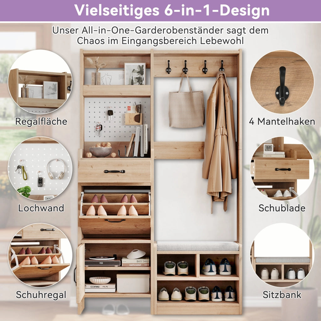 Set di mobili da ingresso con panca imbottita; 2 ante; cassetto e 4 ganci in truciolare naturale e bianco 108.5 × 35 × 180 cm