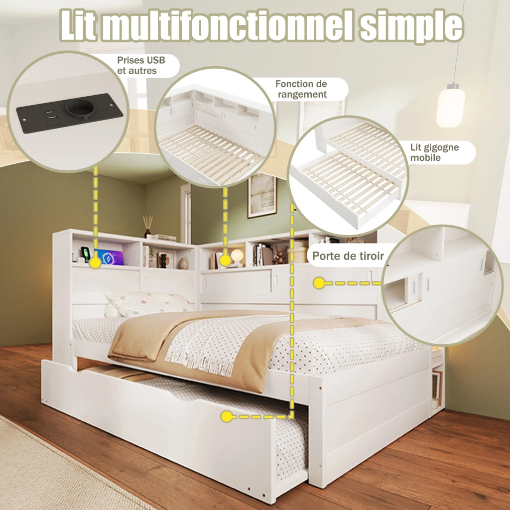 Desviae Letto per bambini 90 × 200 cm con letto estraibile vani portaoggetti USB struttura in legno di pino bianco