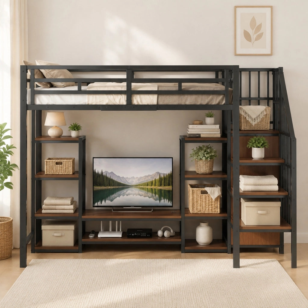Letto a soppalco 90x200 cm nero con supporto TV e presa
