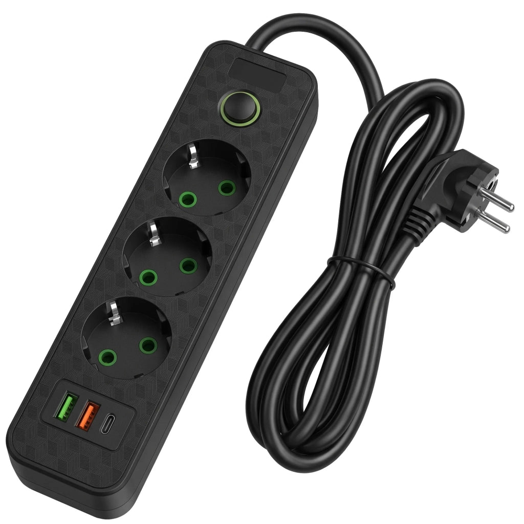 Multipresa Con Prolunga, 3 Prese + 2 Porte Usb-a + Usb-c Jnh020-3a Black