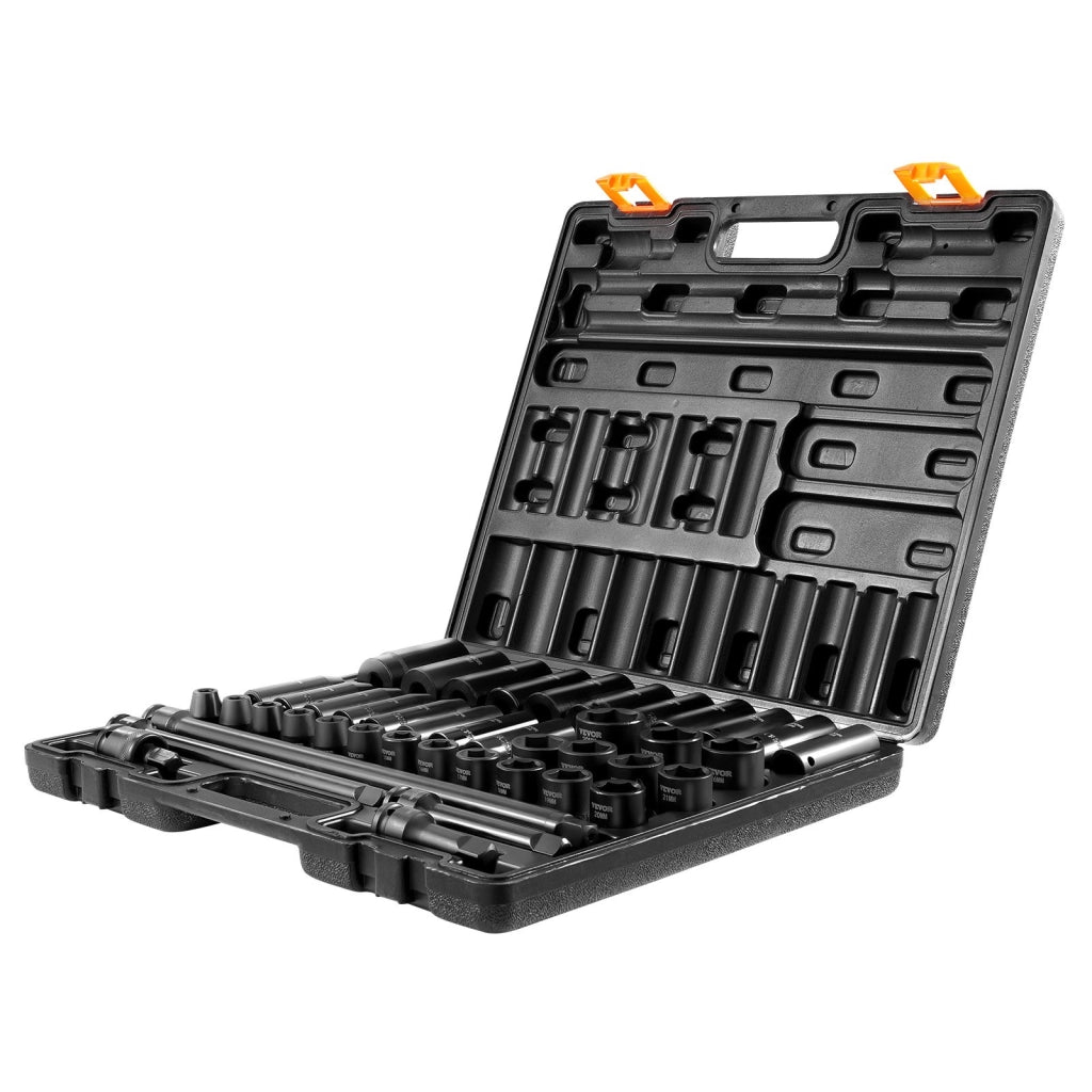 Set Bussole a Percussione 1/2 Pollici 43 Pezzi in Acciaio CR-V, Bussole a 6 Punti 9-30 mm Standard e Profonde con Prolunghe per Officina e Fai da Te