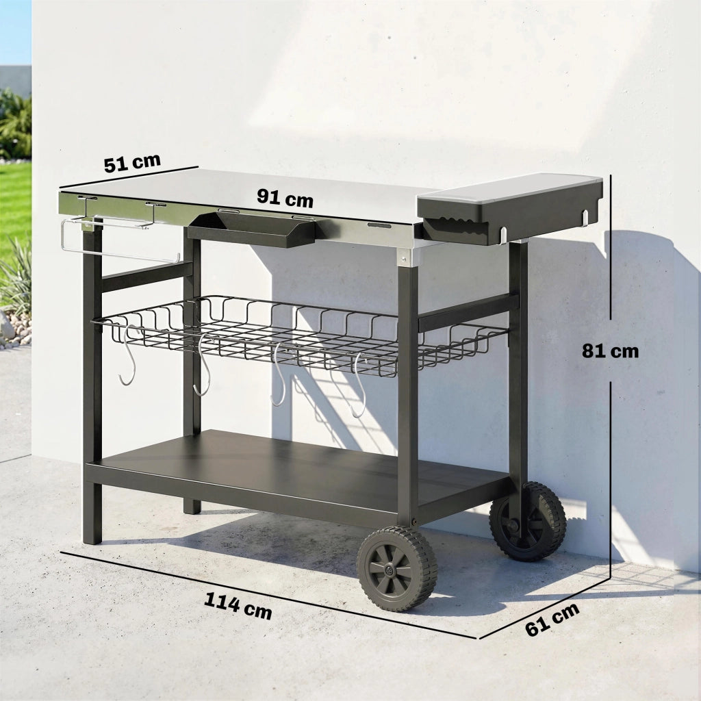 Carrello Barbecue da Esterno per Giardino, Tavolo Cucina con Piano in Acciaio Inox, 3 Ripiani, Ganci e Porta Spezie, Nero, Robusto e Pratico
