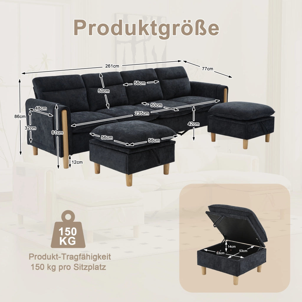 Divano 4 posti 261x77x86 cm in ciniglia nera con 2 pouf contenitore