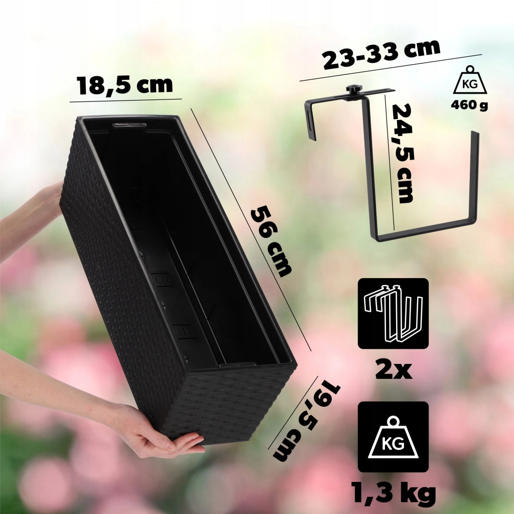 Vaso da fiori KADAX per balcone con supporto interno, 19x56 cm + manici