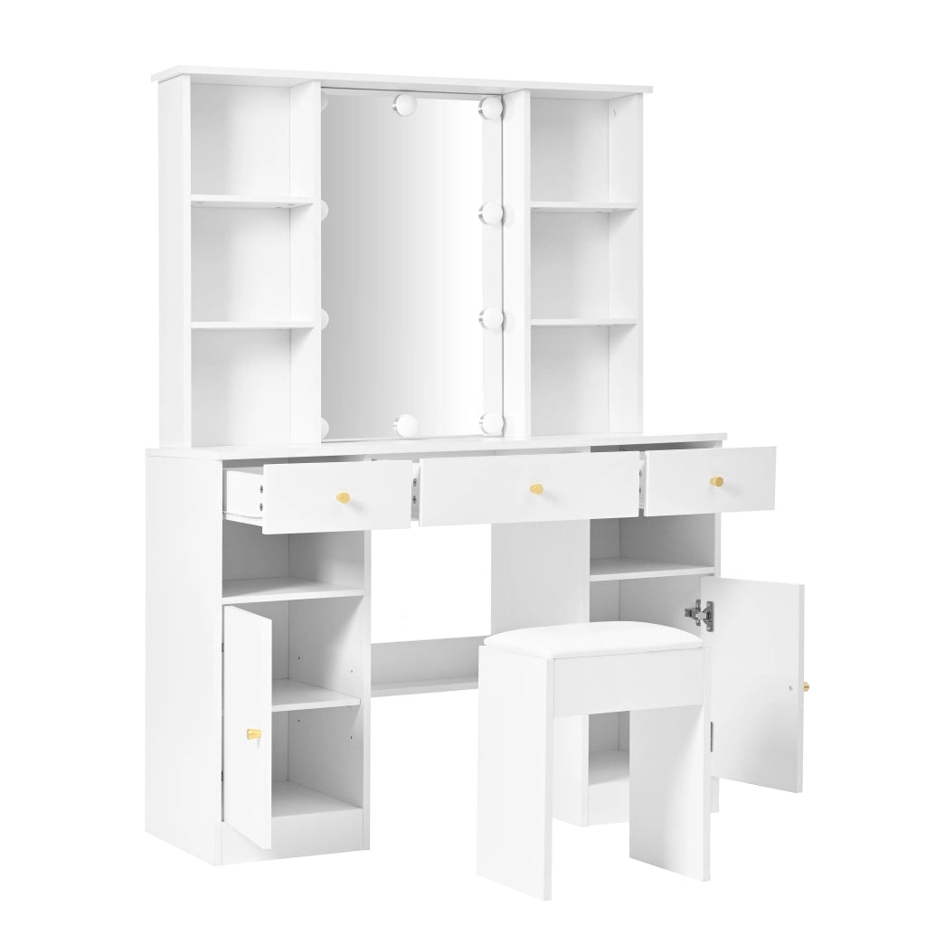 Tavolo da toeletta con specchio LED, 3 cassetti, 2 ante e 4 ripiani, per camera, bianco, 110 × 40 × 151 cm