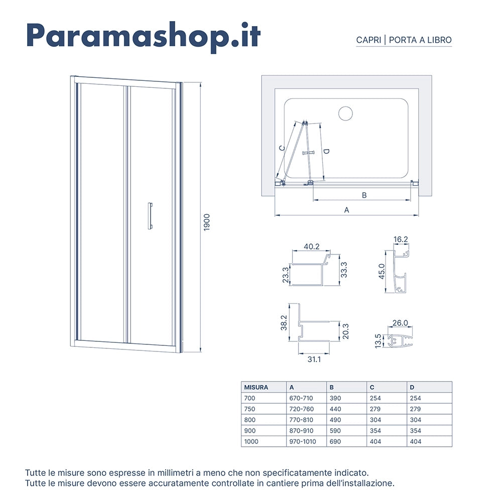 Porta doccia 100 cm apertura a libro vetro trasparente | Capri
