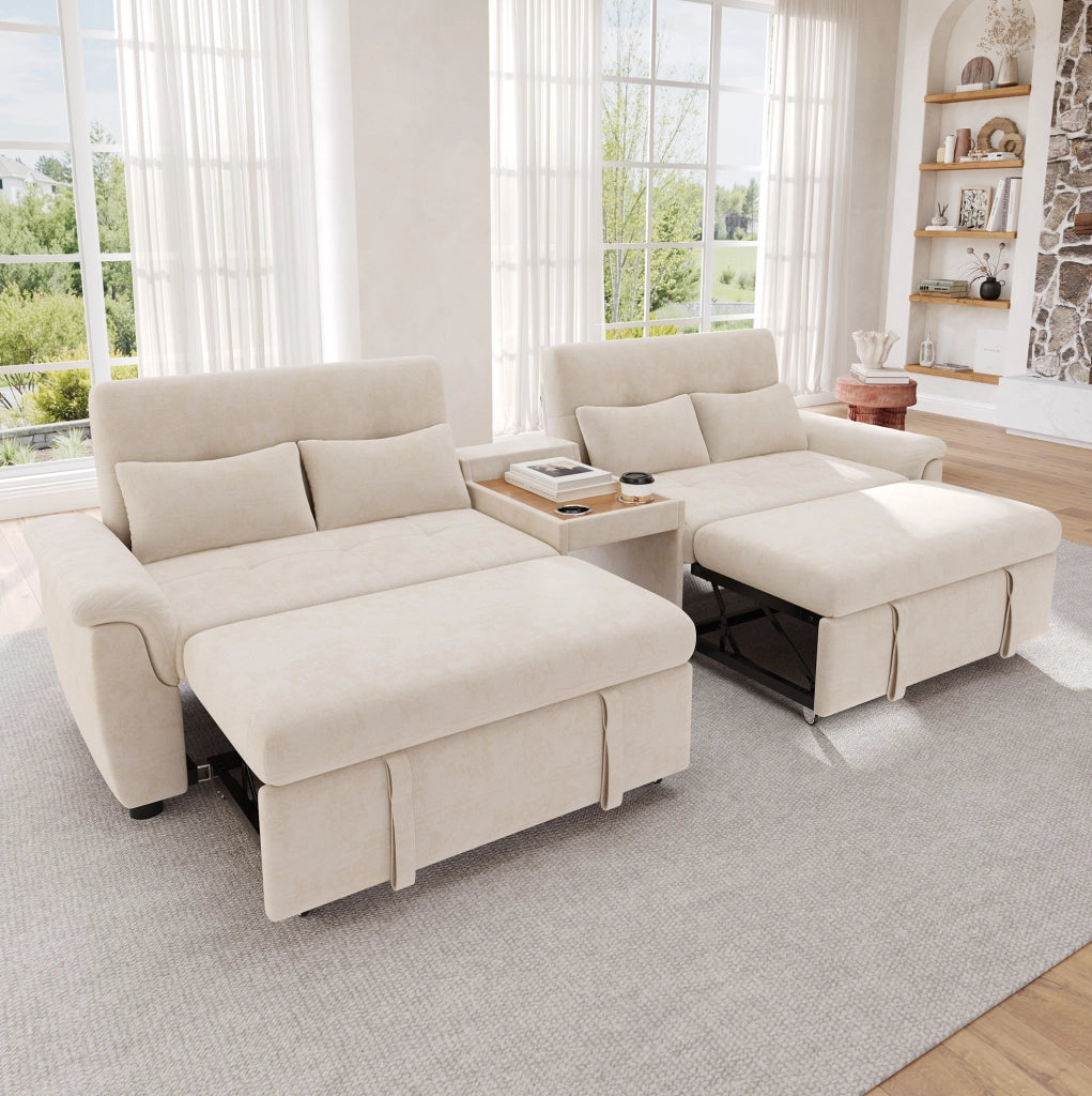 Divano letto multifunzionale beige con modulo centrale e schienale regolabile
