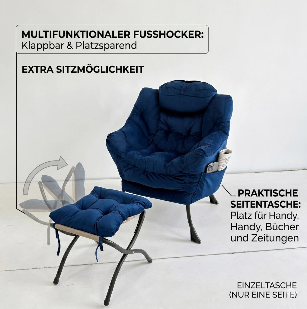 POLTRONA Relax con Pouf 70x77x20 cm Tessuto Blu Scuro