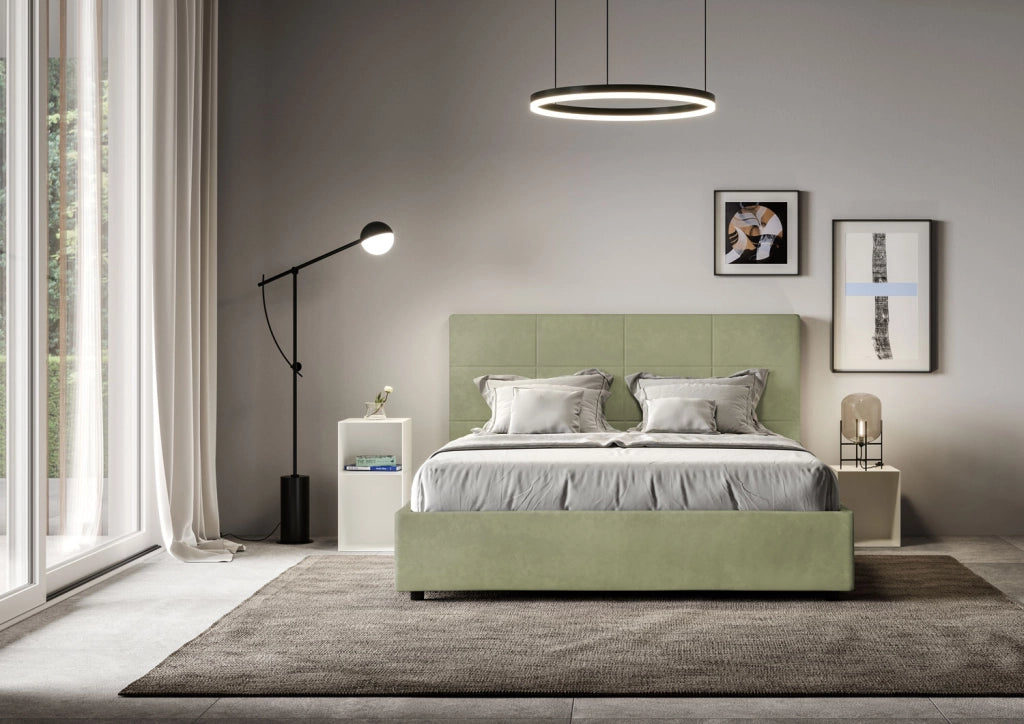BS COM Letto matrimoniale con rete imbottito 160x190 microfibra tè verde