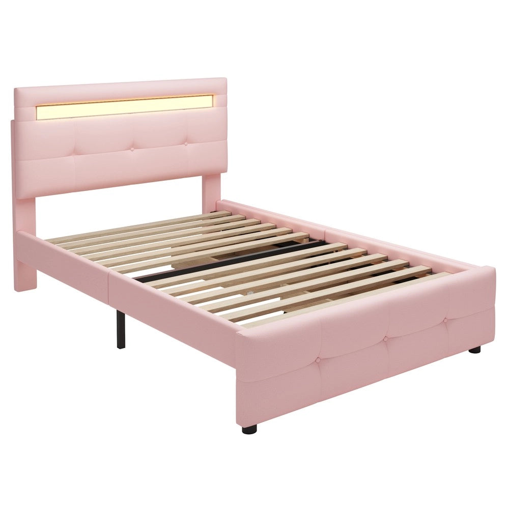 Letto Singolo Imbottito con LED e Cassetti ¨C MINIMAL ¨C Rosa, 90x200