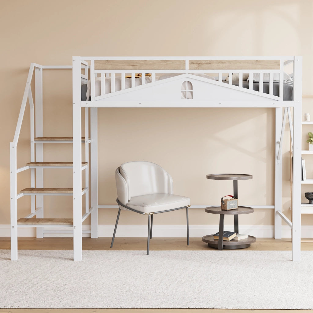 Letto a Soppalco in Metallo con Scala ¨C MINIMAL ¨C Bianco 140x200