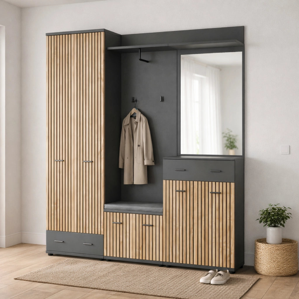Mobile Ingresso Appendiabiti Set Entrata Design Moderno 180x 32x 203 Cm Antracite E Rovere