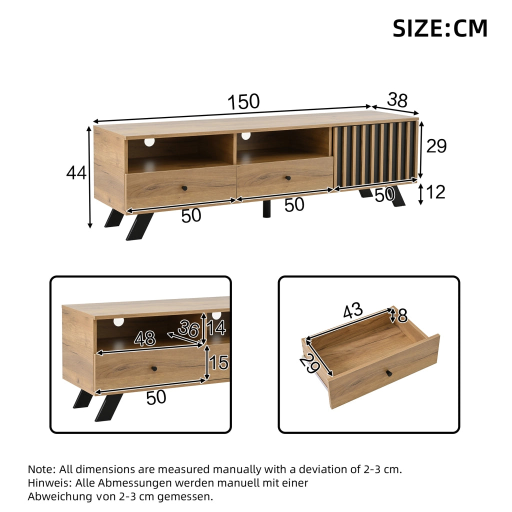Mobile porta TV con 2 cassetti, 1 armadietto e 2 vani aperti in truciolare legno naturale e nero 150 × 38 × 44 cm