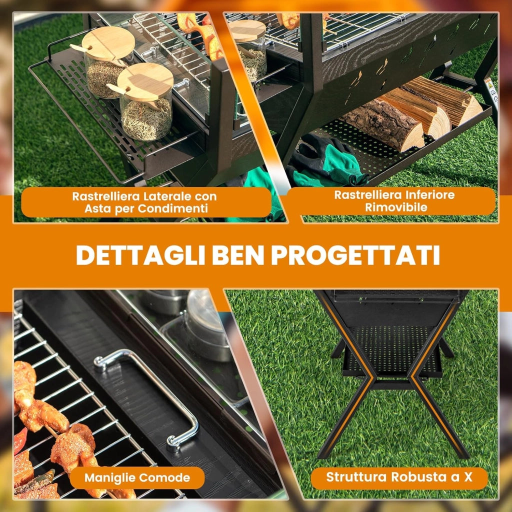 Barbecue a Carbonella, Griglia a Carbone Portatile con Protezione Antivento, Ripiani per Condimenti, Mensola Portaoggetti, per Cucinare, Campeggio e picnic