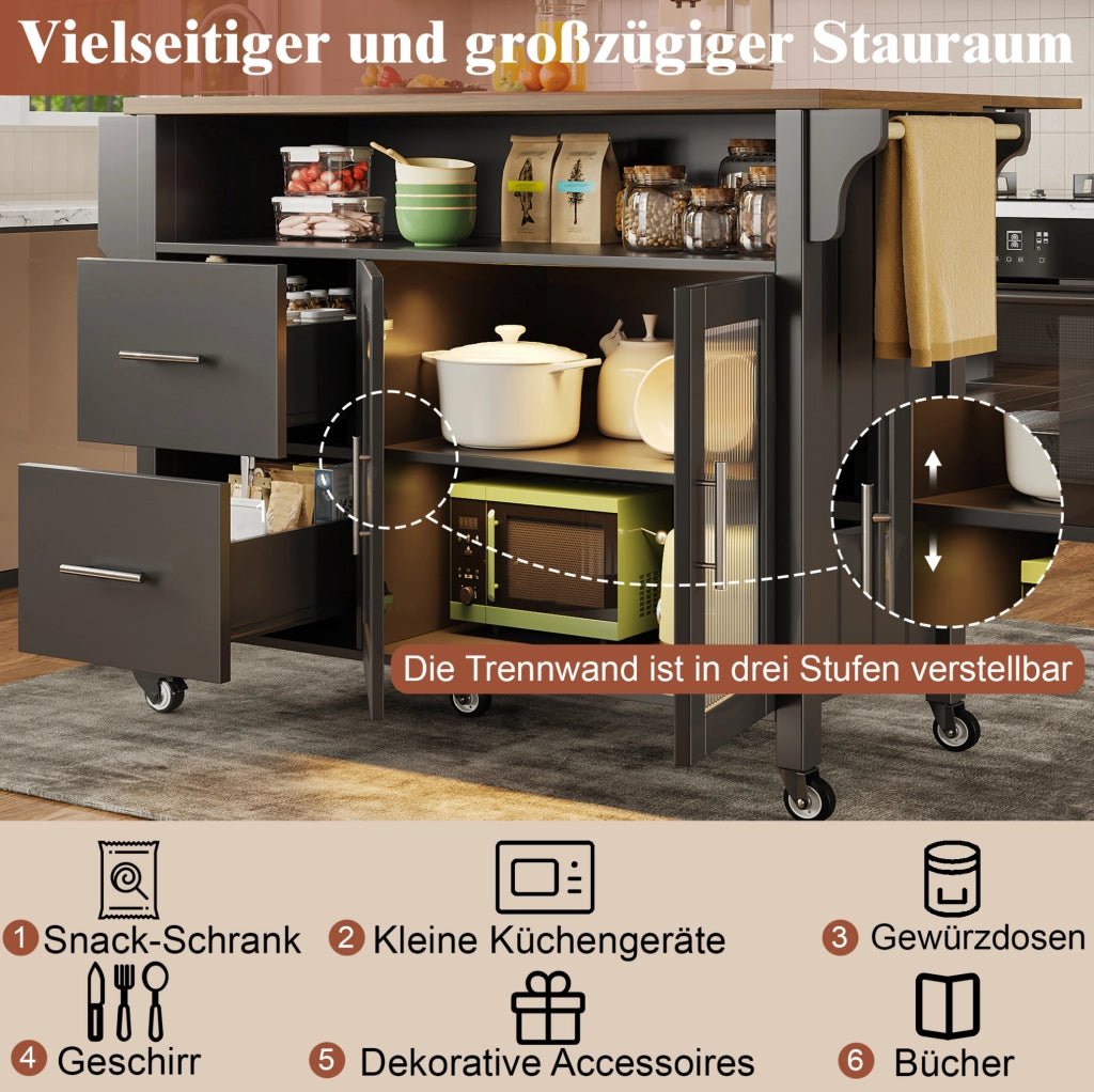 CARRELLO CUCINA 139x40x94 cm Nero MDF con LED e ruote