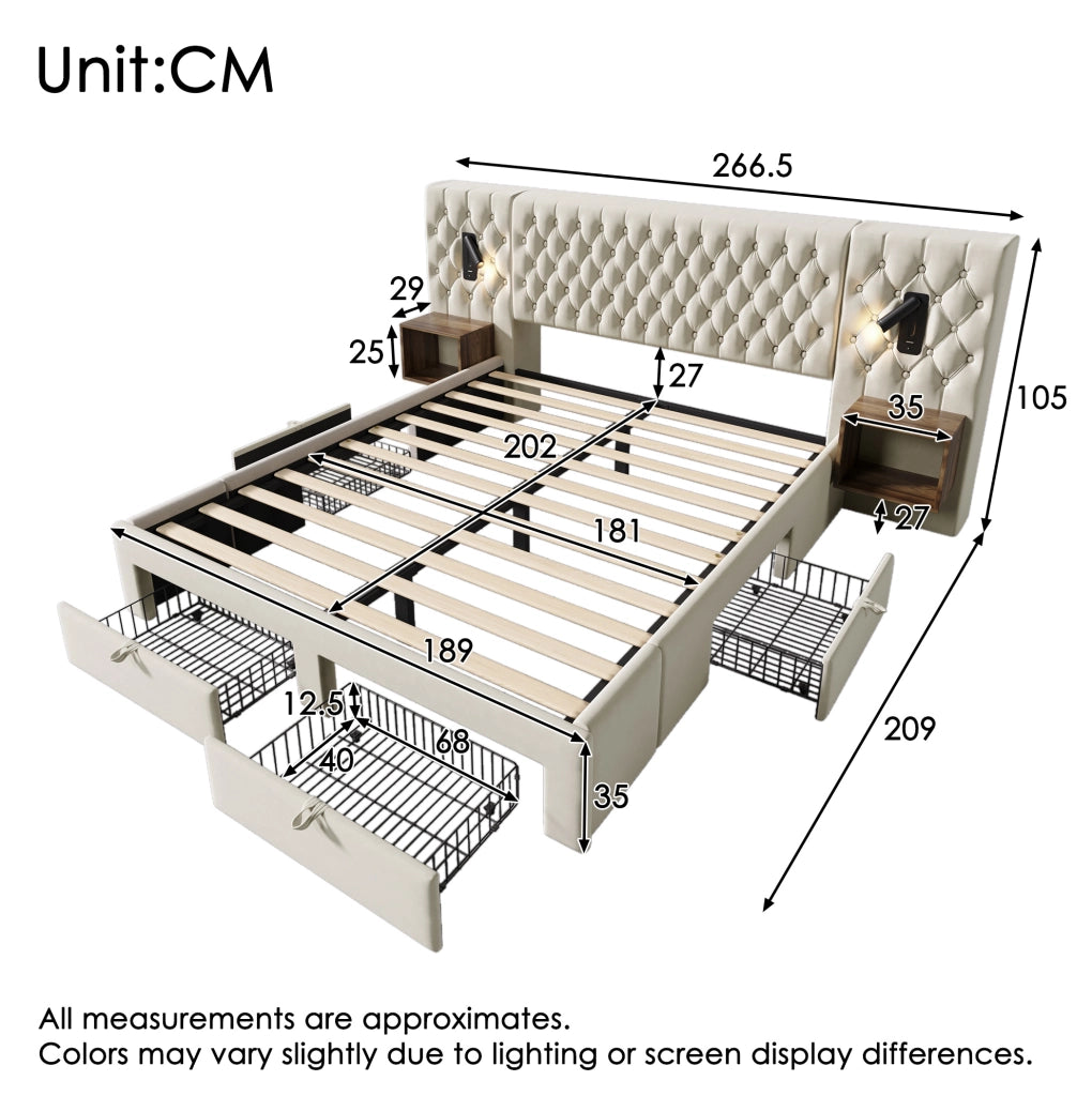 Letto matrimoniale 180x200 cm con comodini, 4 cassetti, luci LED e USB-C beige