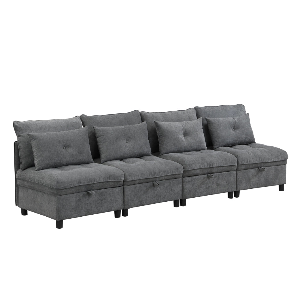 Divano modulare 4 posti con contenitore, funzione letto e rivestimento in chenille, Grigio Antico