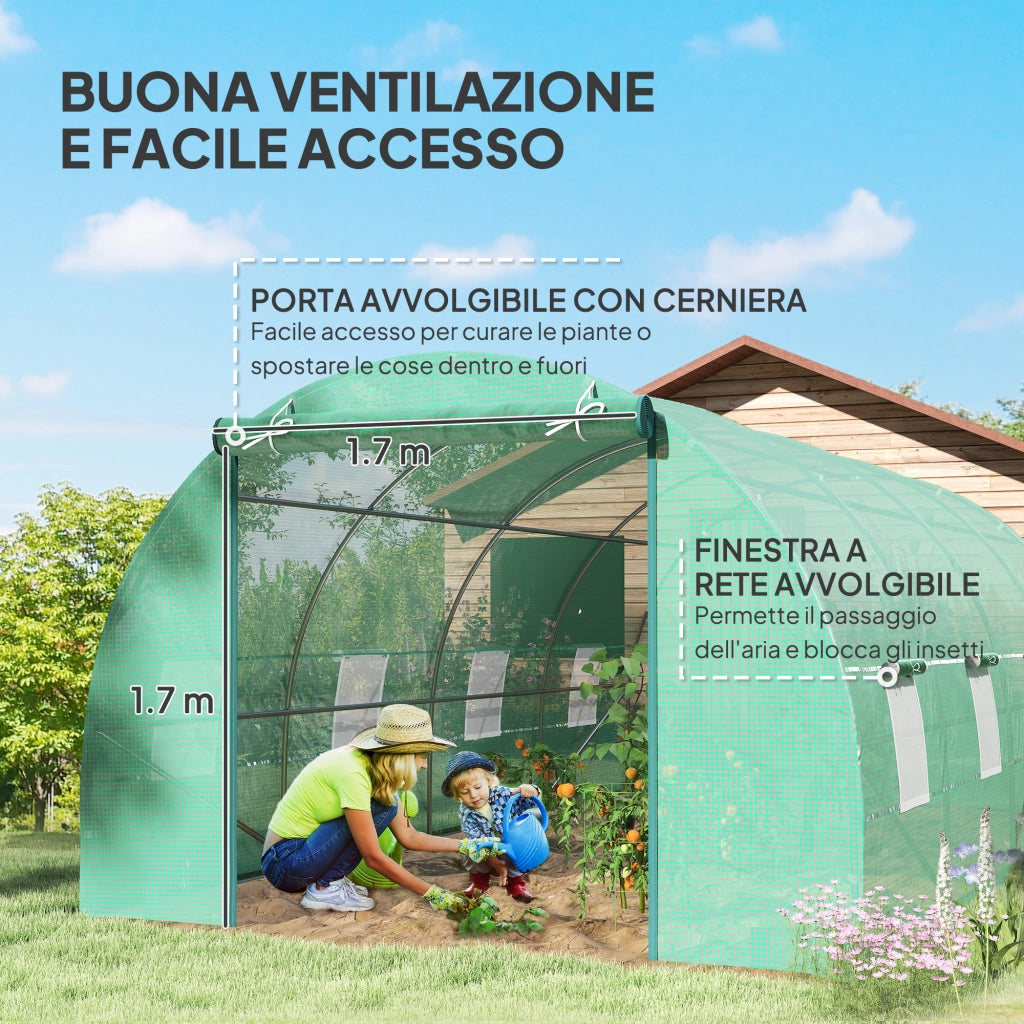 Serra per Orto a Tunnel con Porta Avvolgibile e 8 Finestre, Serra da Giardino con Copertura in PE e Struttura in Acciaio, 6x3x2 m, Verde