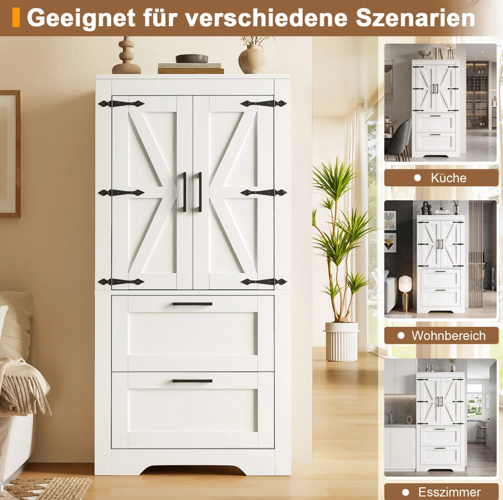 Credenza alta stile fienile con 2 cassetti, bianca
