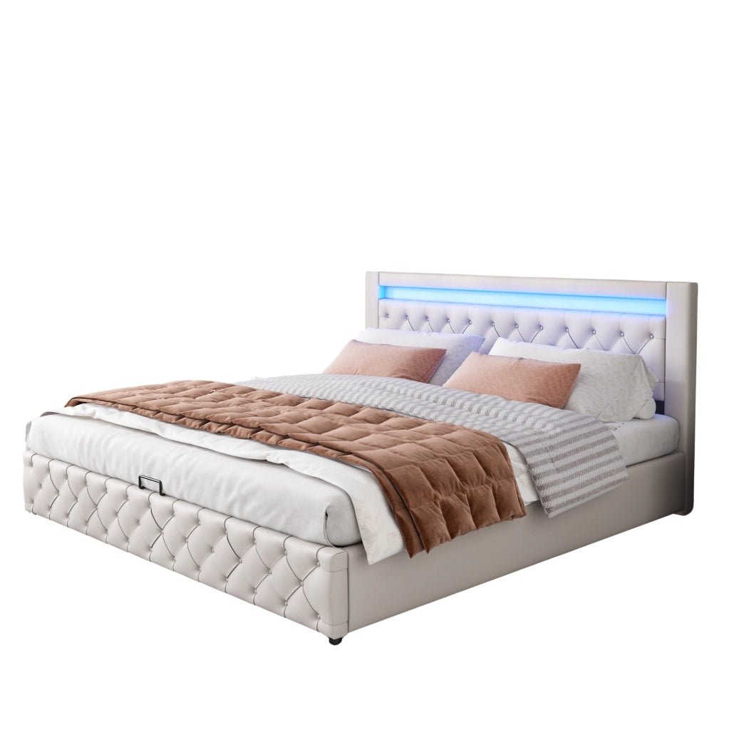 Letto imbottito 160x200 cm con contenitore, rete a doghe e LED