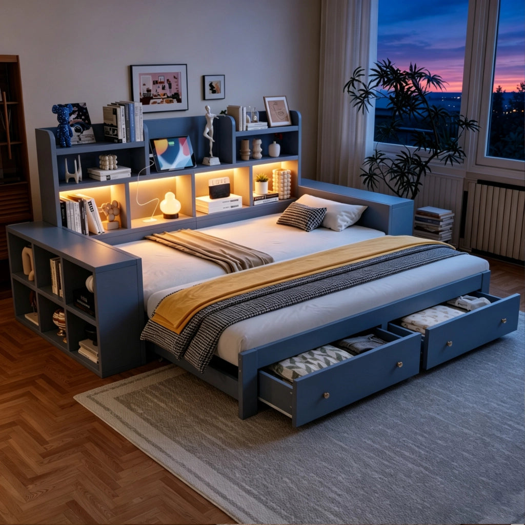 Letto estraibile multifunzionale in compensato e MDF grigio con cassetti ripiani LED e presa
