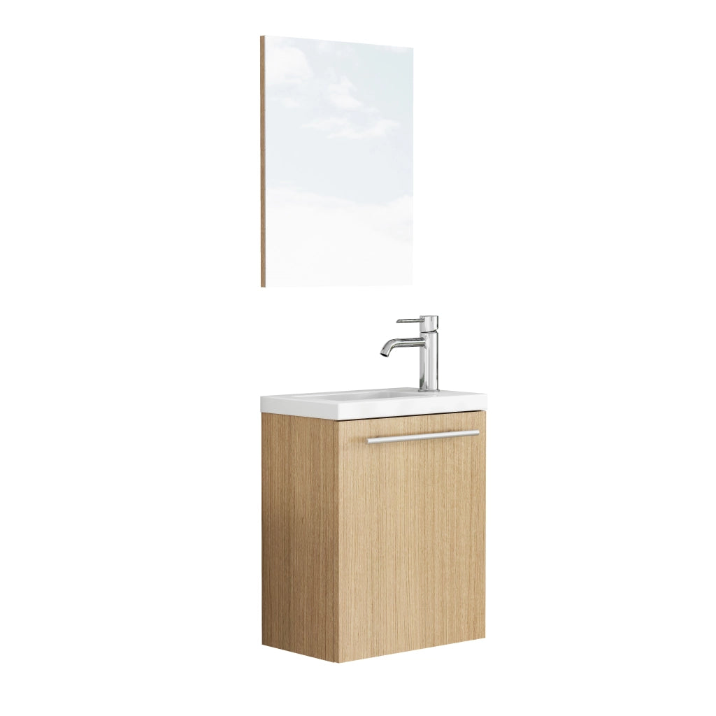 Mobile bagno sospeso con lavabo in ceramica e specchio, MDF color rovere