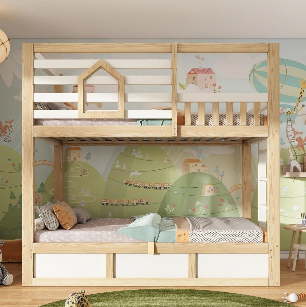 LETTO a castello 90x200 cm stile casetta bianco e rovere con scala dritta