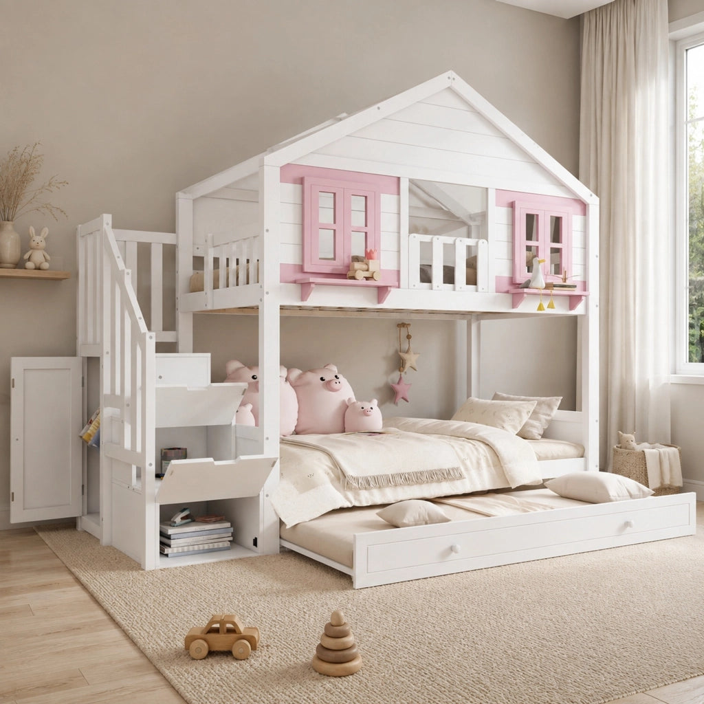 Letto a castello per bambini con letto estraibile e scala contenitore; 90x200 cm; bianco e rosa