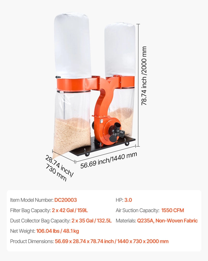 Aspiratore Collettore di Polvere per Legno DC20003 3 CV 1550 CFM 230V Robusto con Sacchi Filtranti per Officina e Fai da Te