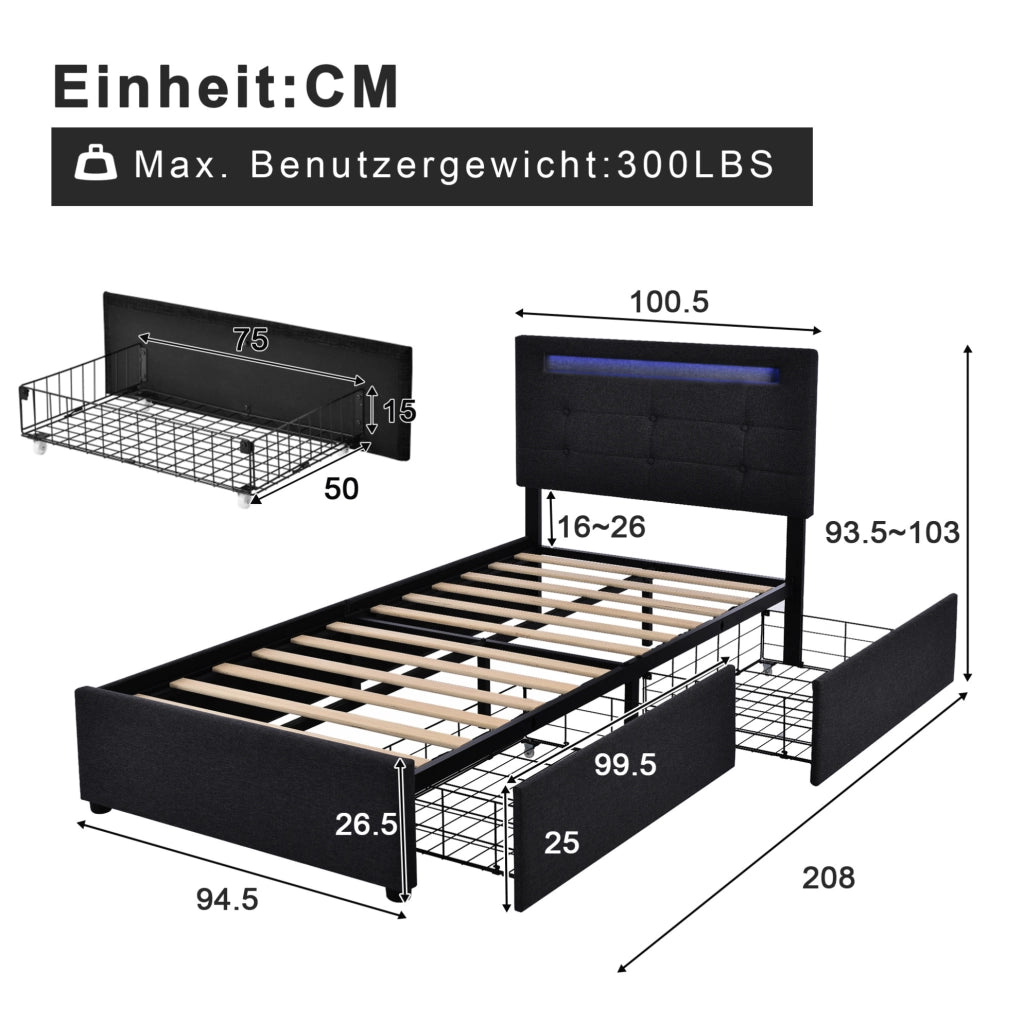 Letto singolo 90x200 cm con LED, 2 cassetti e testiera regolabile