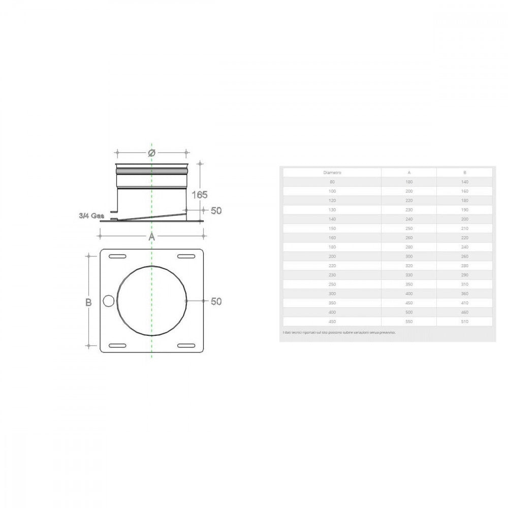 Piastra di base da 100mm in acciaio inox aisi 304 con spurgo