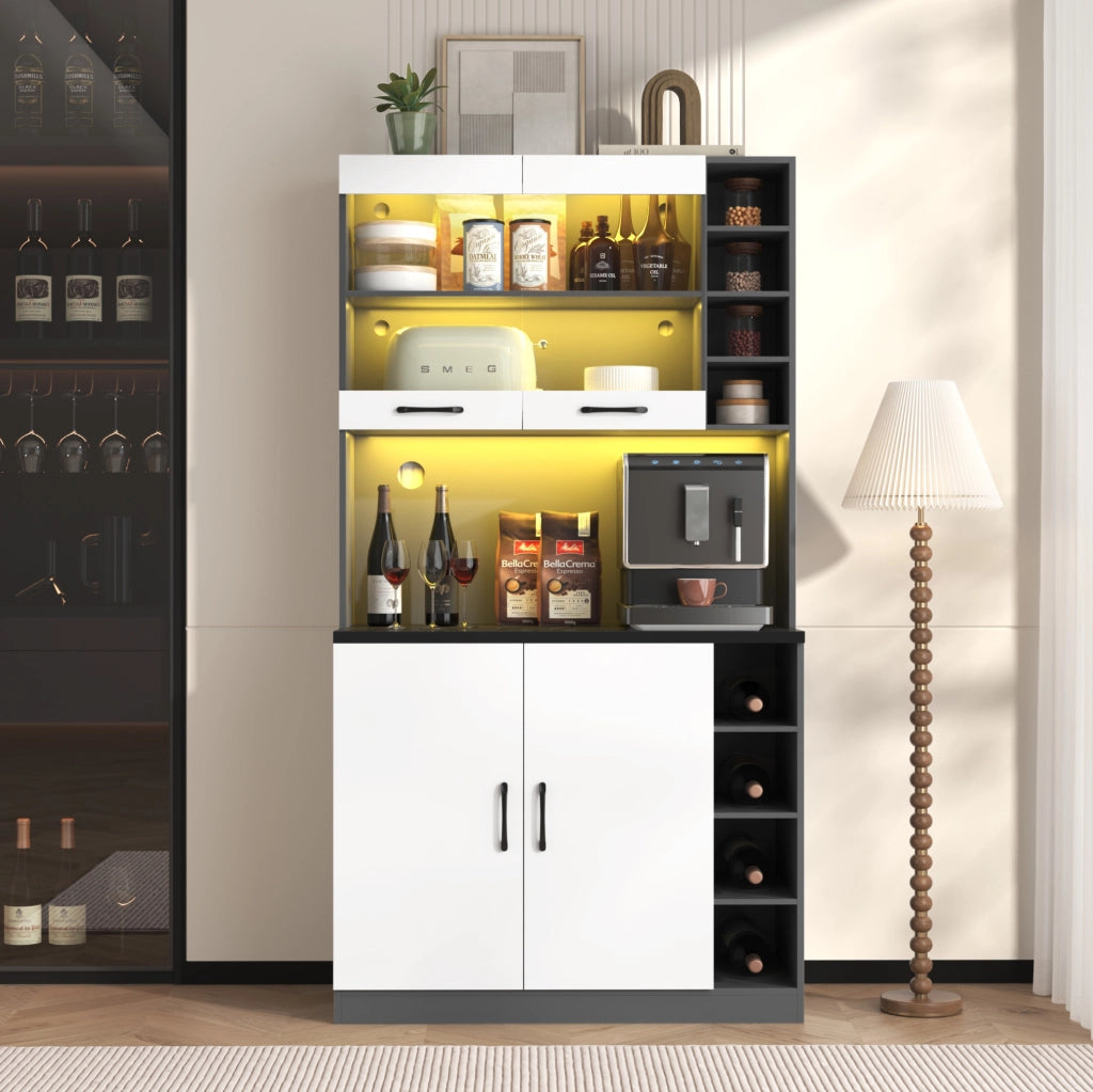 Credenza da cucina con LED, vano microonde e ripiani regolabili