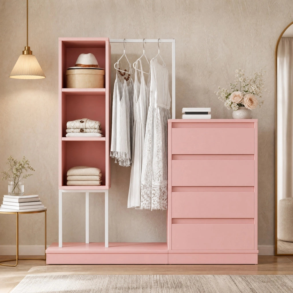 Mobile contenitore rosa con 4 cassetti; 3 ripiani aperti e barra appendiabiti