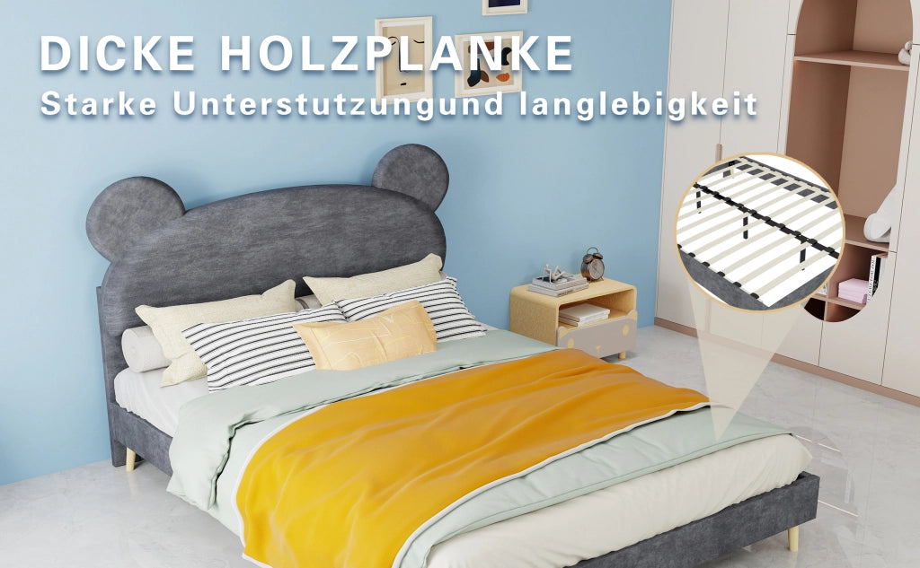 Letto imbottito 140×200 cm in tessuto grigio con testiera a orecchie di orso e materasso a molle insacchettate incluso, base bassa
