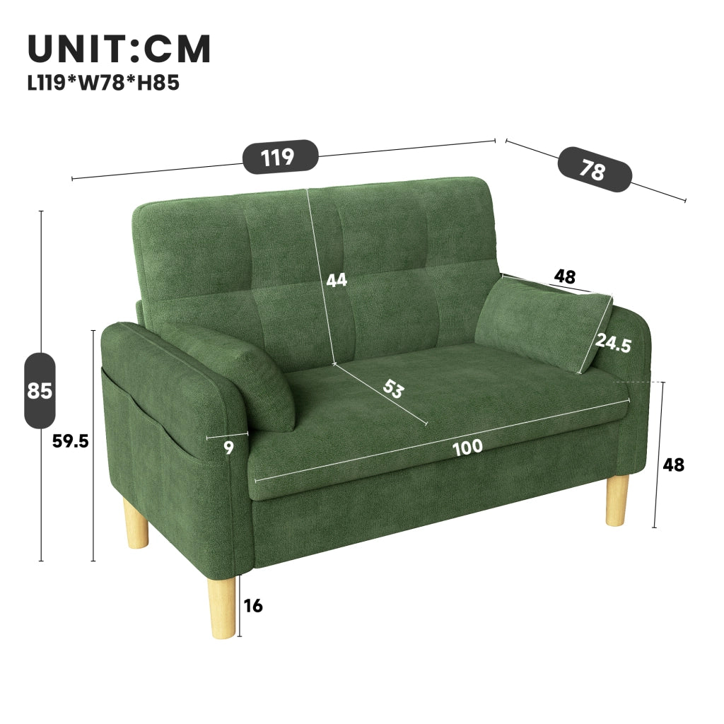 Divano 2 posti compatto con tasca laterale e 2 cuscini rimovibili in ciniglia verde 119 × 78 × 85 cm