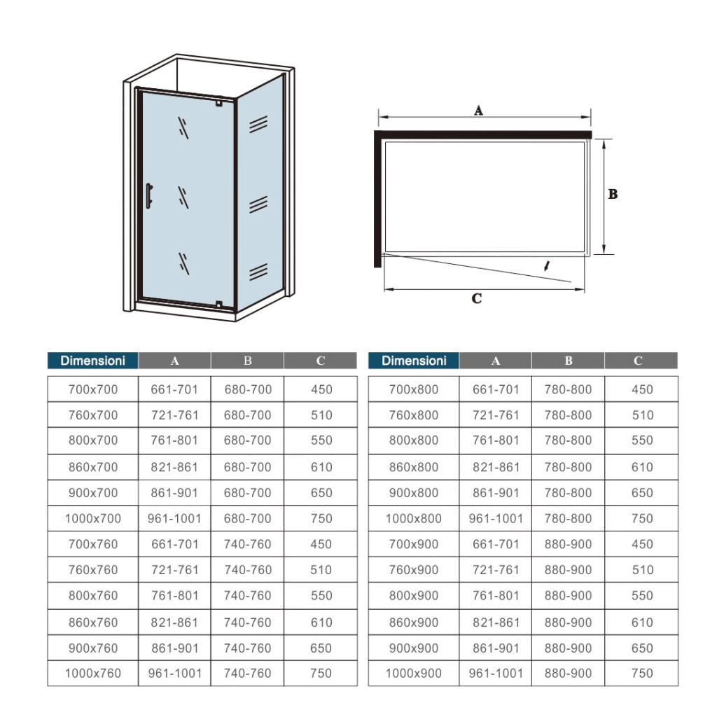 185cm Box Doccia Angolare Porta Girevole Battente con Parete Fissa 70x76cm in Vetro Temperato Trasparente 5 mm Profilo Cromo Lucido