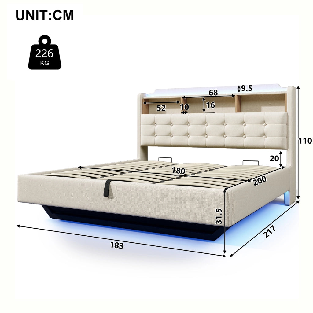 Letto contenitore matrimoniale con LED; USB; type-C e vani 180 × 200 cm; senza materasso; beige