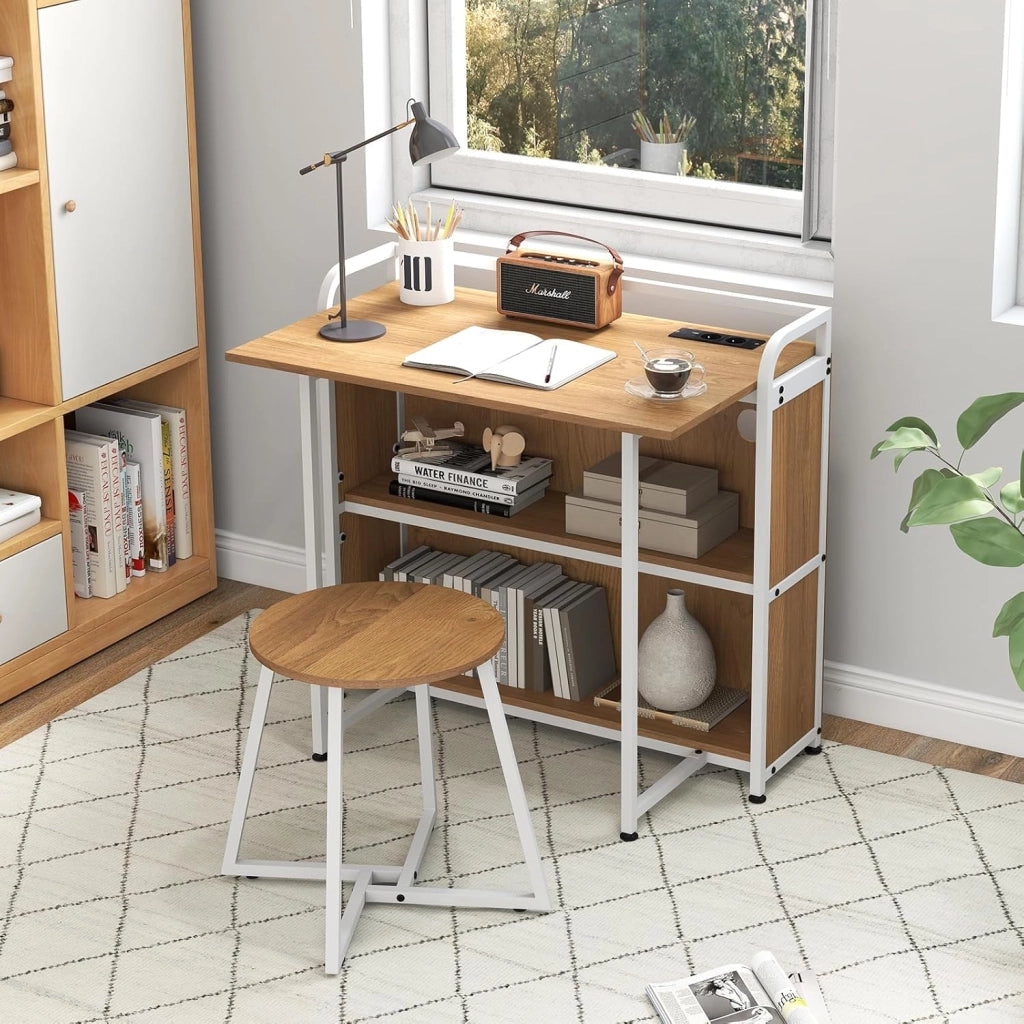 Scrivania Pieghevole con Sgabello, Scrivania Portatile con Scaffale e Stazione di Ricarica, Tavolo da Scrittura con Sedia per Studio e Ufficio (Naturale)