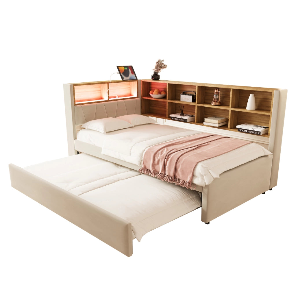 Divano letto con LED, prese e contenitore, 90x200+90x190 cm, flanella beige