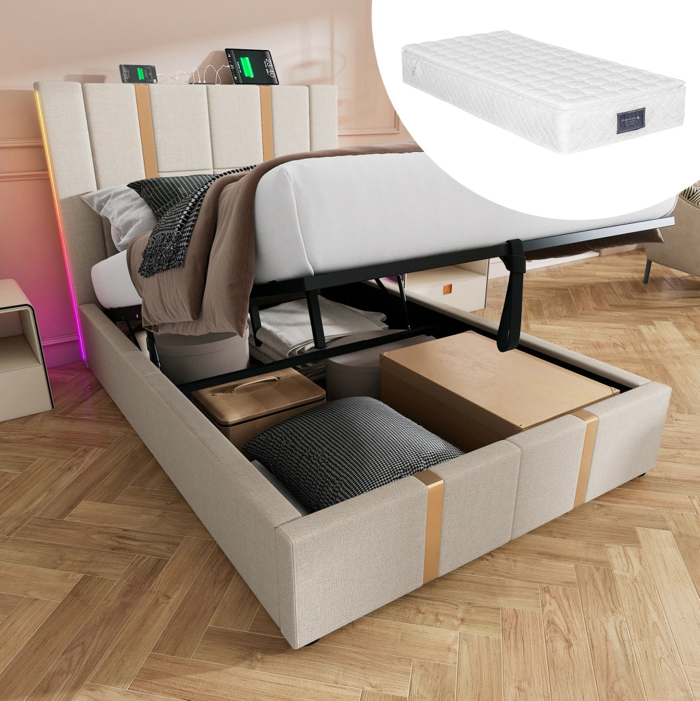 Letto imbottito 90x200 cm beige con materasso, LED e ricarica USB-C