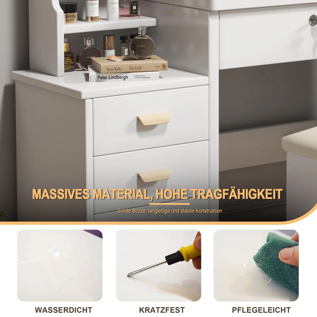 TOELETTA con specchio LED e sgabello, 4 cassetti, bianco