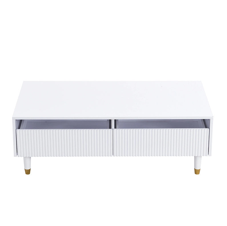 Set mobile TV 4 ante e tavolino 2 cassetti con LED 7 colori; MDF bianco e oro
