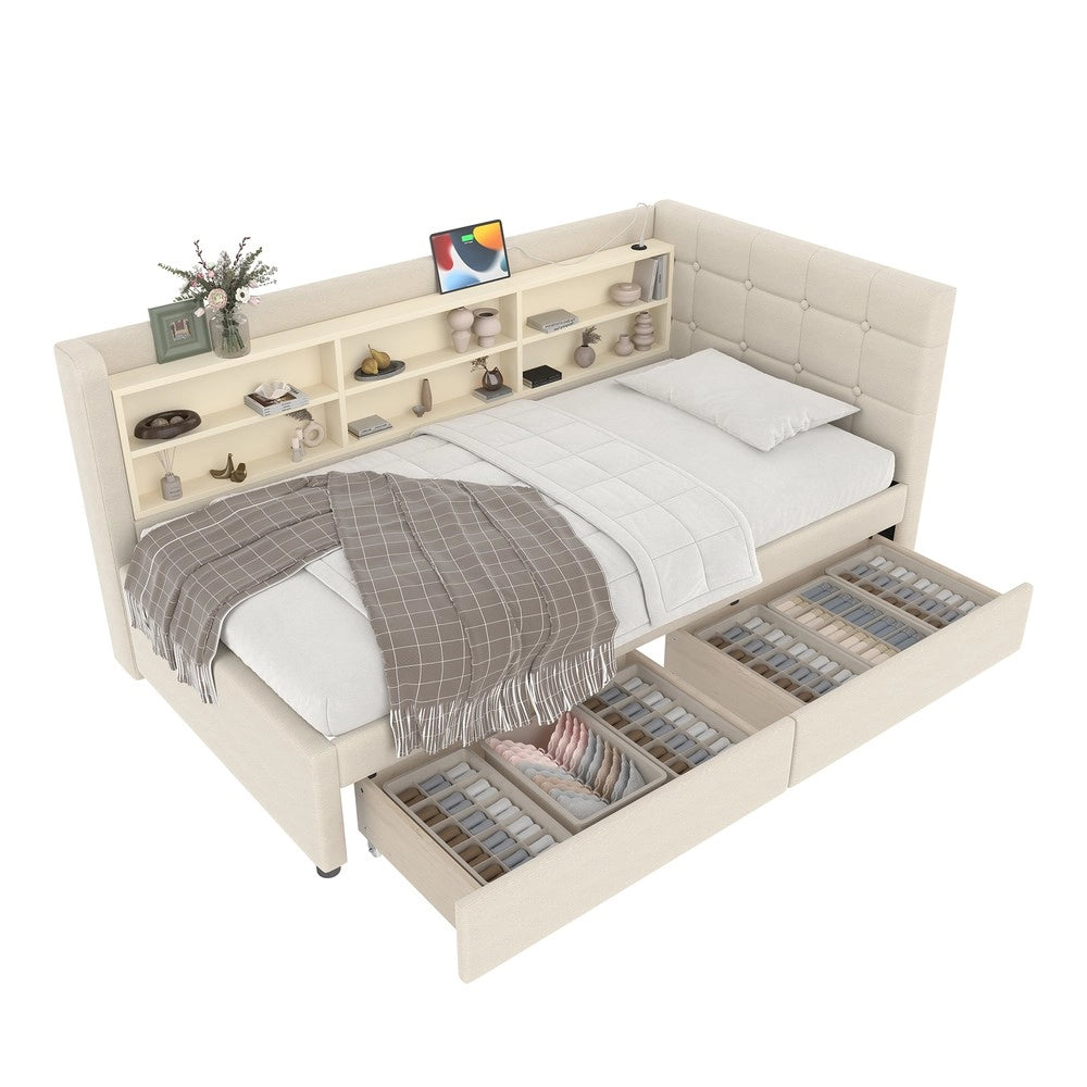 Letto Diurno con Cassetti e Rete a Doghe ¨C MINIMAL ¨C Lino Beige 90x200