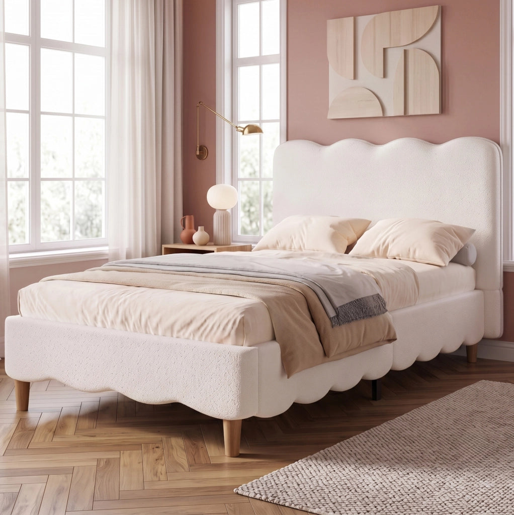 Letto imbottito 90x200 cm con rete a doghe; testiera in bouclé bianco