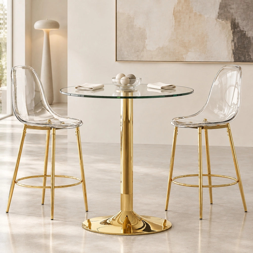 Set tavolo bar rotondo Ø89 cm con 2 sgabelli trasparenti; struttura oro HOMVRA